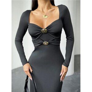 Elegant Solid Color Heart Neckline Floral Decor Elegant Long Sleeve Dress